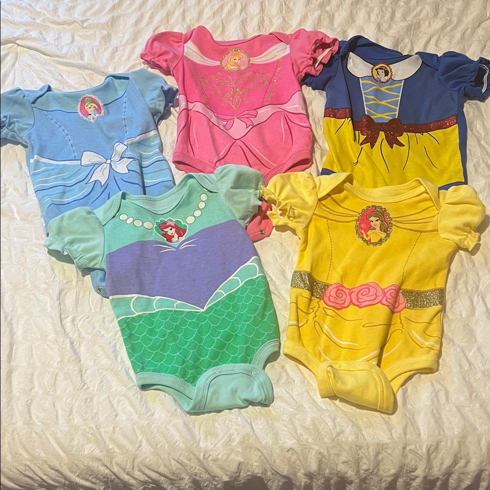 Disney Princess Baby Onesies in Blue, Pink, Yellow, and Green